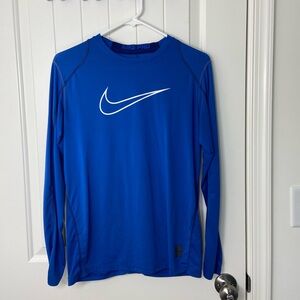 EUC Nike youth boy’s electric‎ bright blue logo decal long sleeve dri-fit shirt